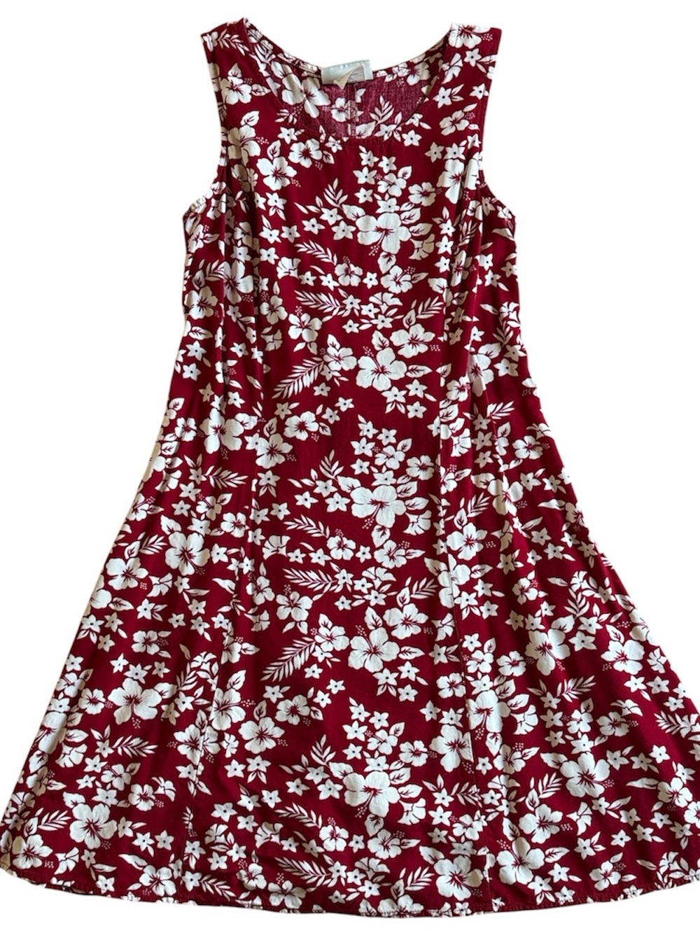 WOMENS TROPICAL SLEEVELESS MIDI SIZE 8 DRESS WHITE FLOWERS BURGUNDY BACKGROUND